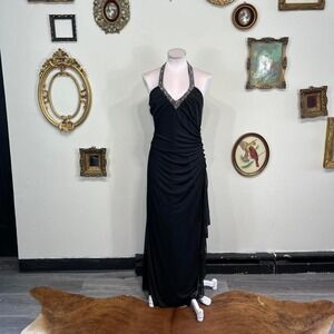 Betsy & Adam Black Beaded Halter Evening Gown – Petite Size 12